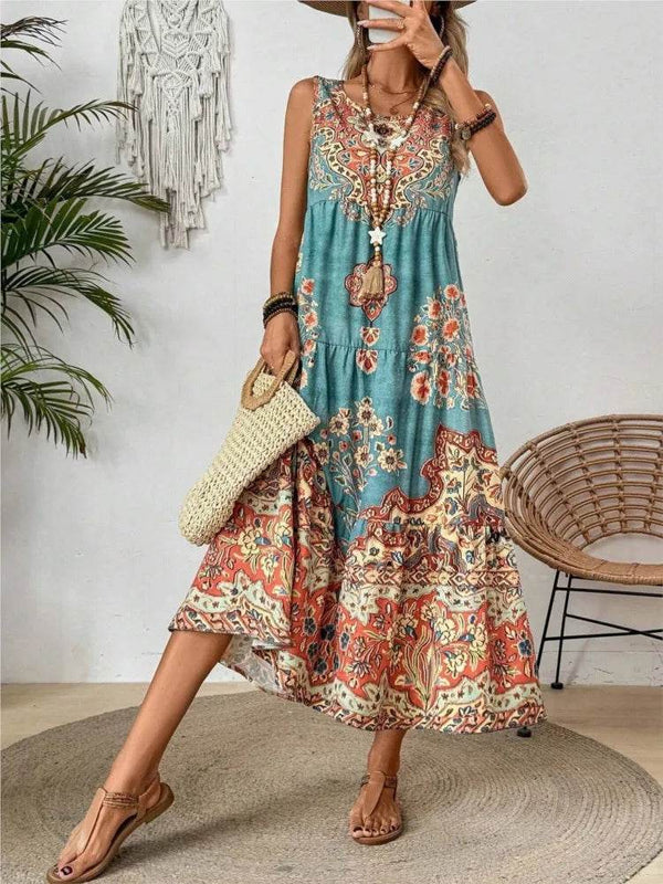 Women Vintage Print Sleeveless O-neck Vest Long Dresses 2025 Summer Fashion New Beach Vacation A-line Dress Woman Loose Dress - MHMote