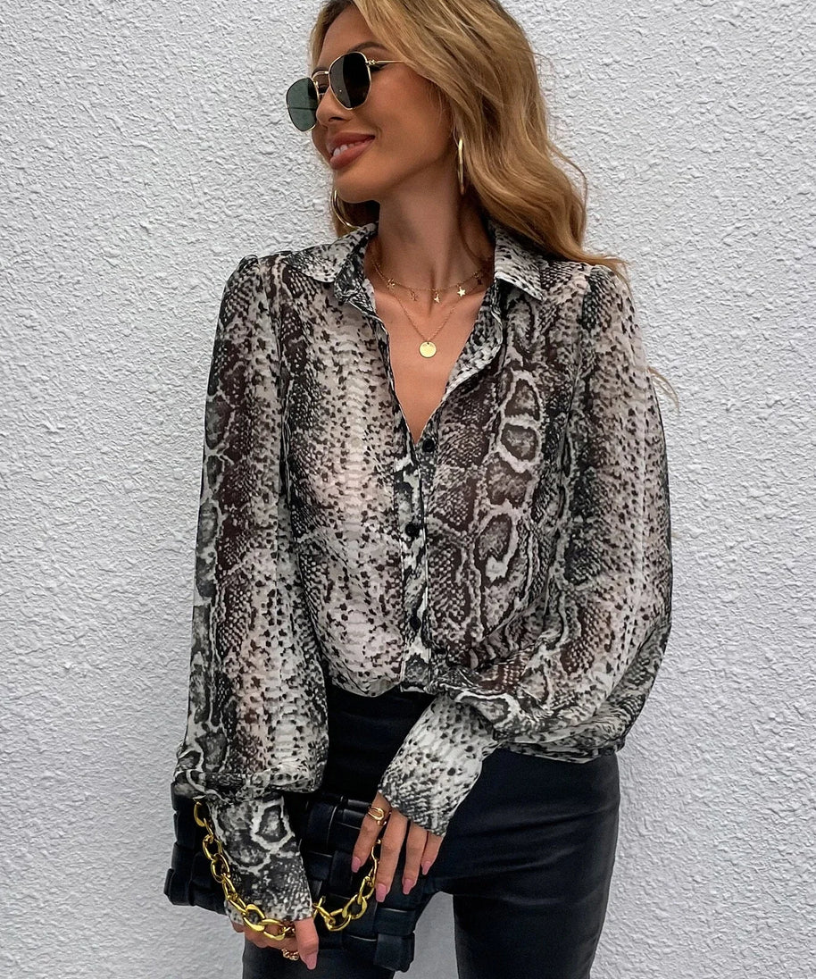 Women's casual long-sleeved snakeskin shirt