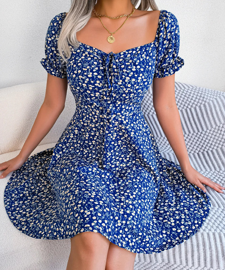 Spring Summer Square Collar Floral Ruffles Mini Dress Women Casual Flare Sleeves Drawstring Lace up Print A Line Dress