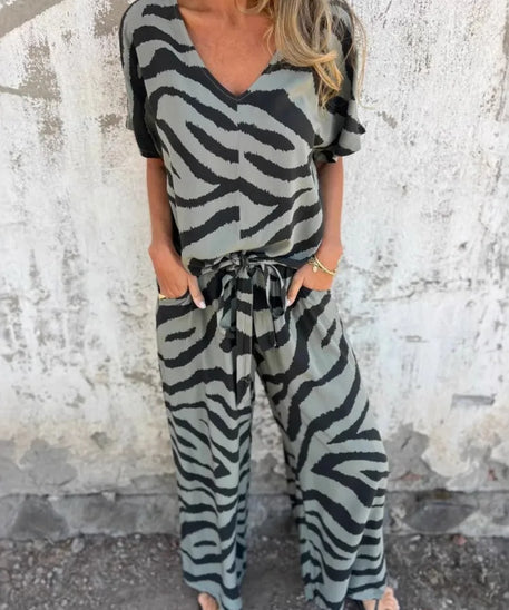 Women's Fashion Zebra Print V-Neck Lace-up Tops Wide-Leg Pants Suits Summer Versatile Printed Casual Loose Women's Two-piece Set
