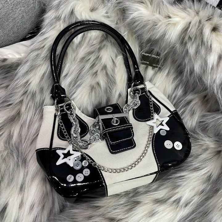 Women Bag New Fashion PU Canvas Chains Shoulder Bag Handbag Y2K Dark Style Girls Bag Office Lady - MHMote