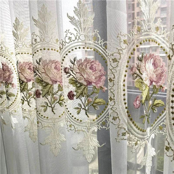 American Luxury Peony Embroidery Tulle Curtain For Living Room European Elegant Flower Embroidery Sheer Voile Drapes For Bedroom - MHMote