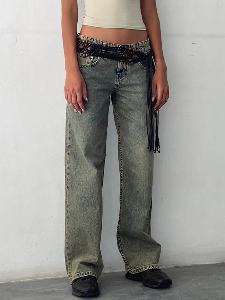 Straight-leg High Waist Jeans Women New Leg Pockets Pants Y2k Long Denim Trousers Vintage Grey Washed Jeans - MHMote