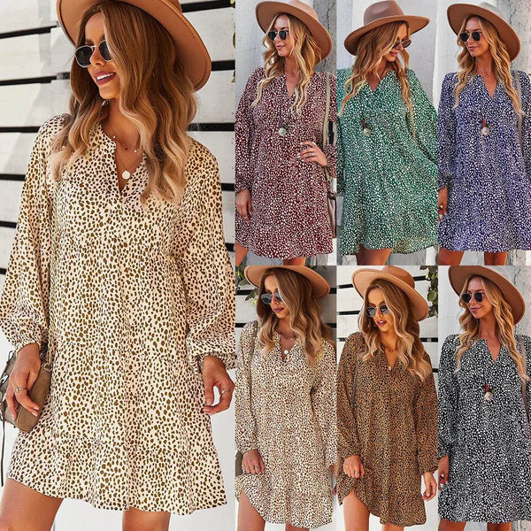 2025 Spring Summer Women's Beach Dress Leopard Print Women's Long Sleeve Dress V-neck Casual Summer Fashion Holiday Dresses - MHMote