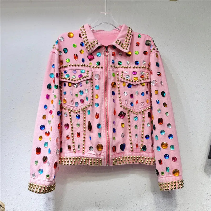 Kvinner Regnbuediamanter Perlerrosa denimfrakk Løs Rhinestones Jeans Jakke Langermet Crystal Cowboy Cardigan Nagler Topper