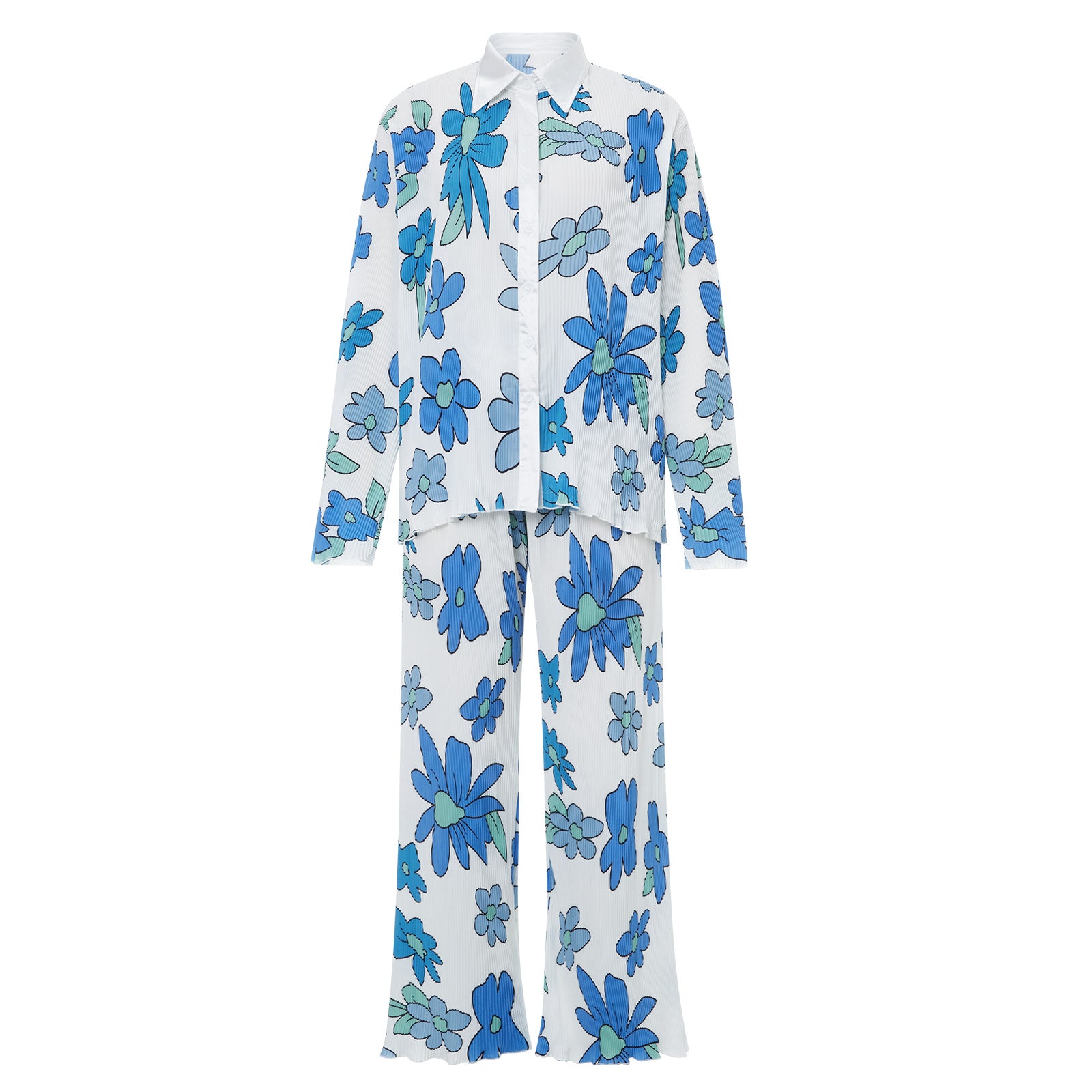 Todelte sett Dame Vår Høst Print Button Down Langermede Skjorter + Lange bukser med brede ben Kvinnelige Y2K Uformelle løse buksesett