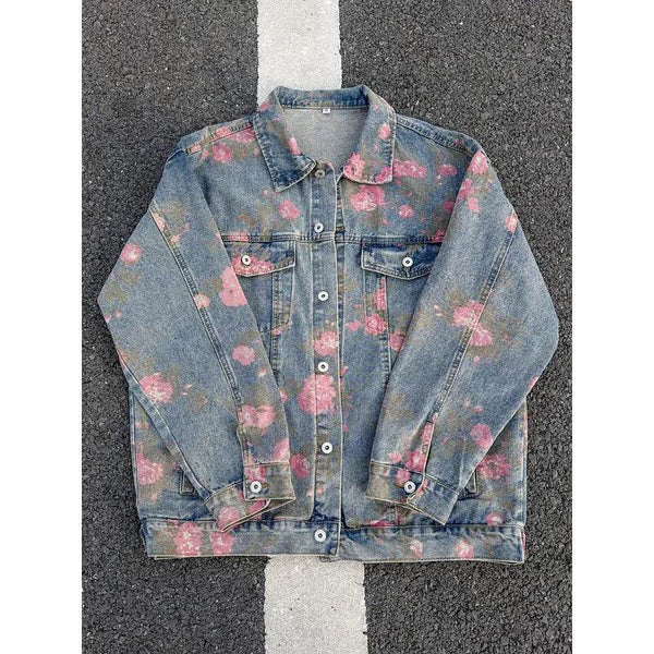 2025 New Rose Print Denim Jackets for Men Women Vintage Jeans Coats Gothic Oversized Male's Casual Clothes - MHMote