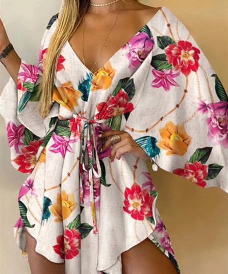 Dametrykkkjole Sexy V-hals flaggermusermer Ruffl Blomstertrykk Bohemian Beach Sundress Dame løse sommerferie minikjoler