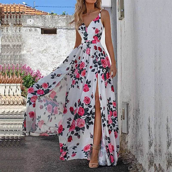 Summer Printed Waist Dress Women's 2024 Foreign Trade Women's Clothing V-neck Low Chest Party Big Skirt Swing Dress - MHMote