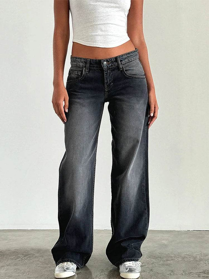 Straight-leg High Waist Jeans Women New Leg Pockets Pants Y2k Long Denim Trousers Vintage Grey Washed Jeans - MHMote