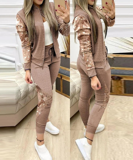 Two Piece Sets Womens Outifits Casual Long Sleeve Contrast Sequins Zipper Design Jacket & Drawstring Skinny Pants Set Autumn