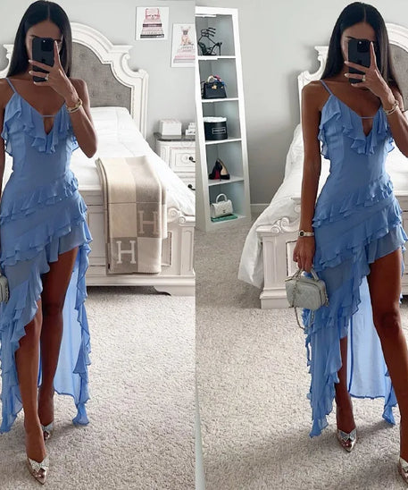 Kvinne Uregelmessig dusk Sommertrend Skinny Split Maxi Bodycon Bursdagsfest Klubbklær Vestidos Blå Elegante Kvinner Stroppkjoler