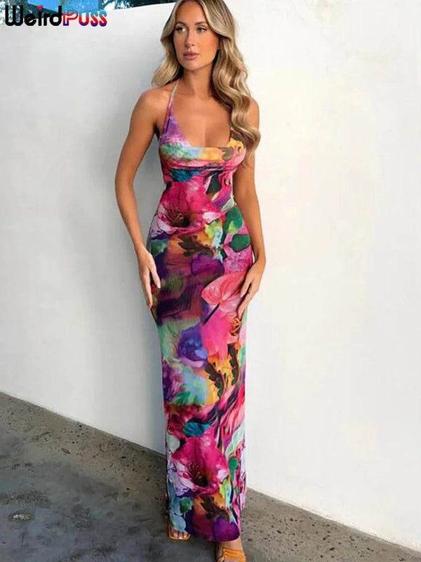 Weird Puss Backless Halter Women Dress Flower Print Low Chest Sheer Sexy Bodycon Seaside Party Beach Vacation Peach Hip Vestidos - MHMote