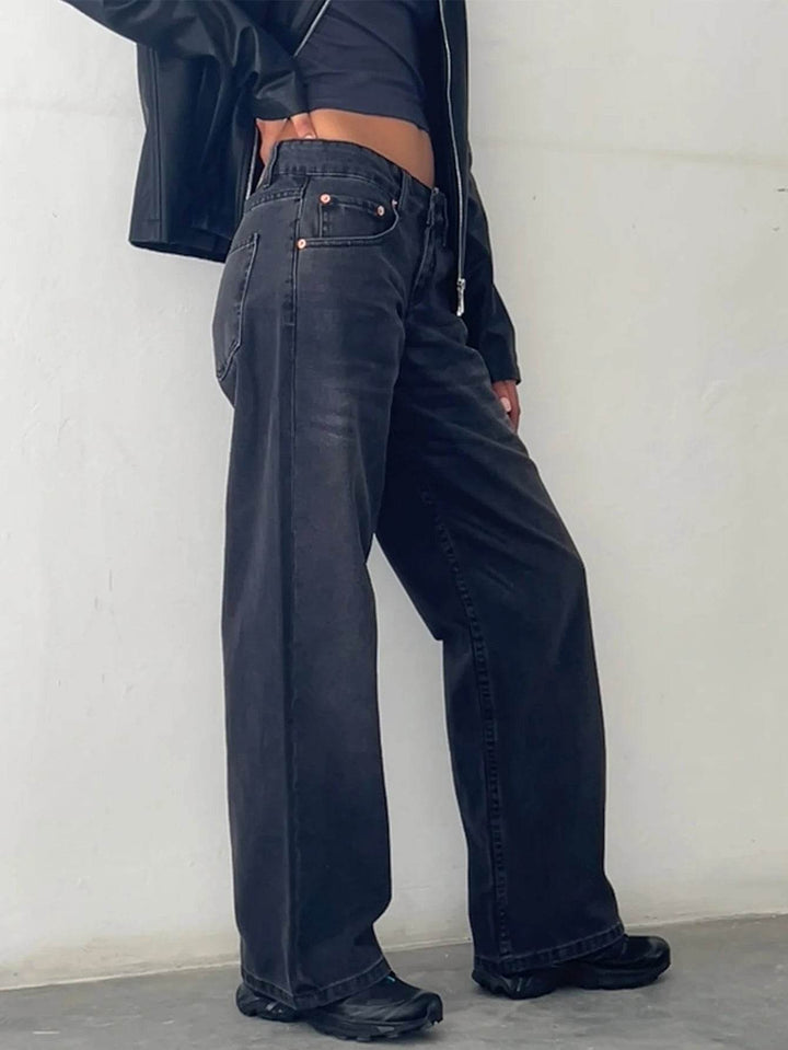 Straight-leg High Waist Jeans Women New Leg Pockets Pants Y2k Long Denim Trousers Vintage Grey Washed Jeans - MHMote
