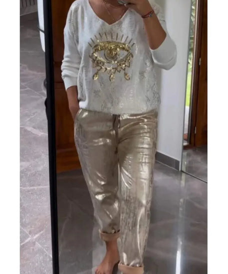 Women Gold Shining Eye Print 2 Piece Set Spring Long-sleeved V Neck Top Pullover+Bronzing Pants Outfit Autumn Lace-up Loose Suit