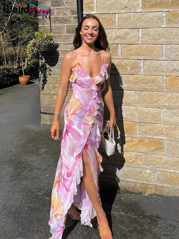 Weird Puss Flower Print Dress Woman Summer Strapless Splits Irregular Tassel Patchwork Backless Bandage Party Skinny Vestidos - MHMote