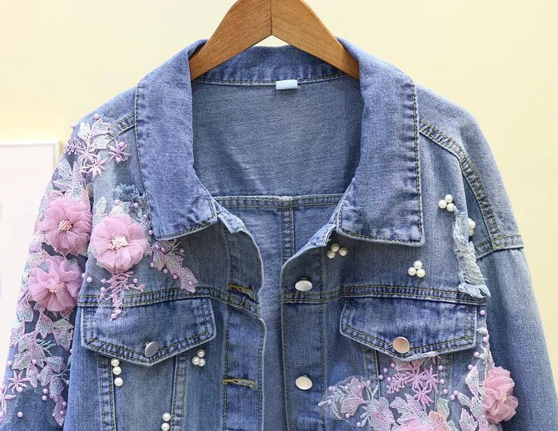 Ny broderi denim kort jakke Kvinner Vår Høst Applikasjon Diamanthull Kåpe Løse Overdeler Student Jean Yttertøy Jakker