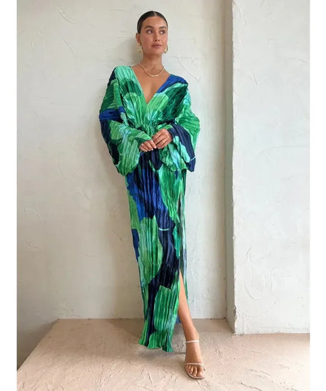 Spring/summer Women's Pleated Dress V-neck  Fashionable Printed Casual Long Sleeved Dress Loose Slit Holiday Party Dress