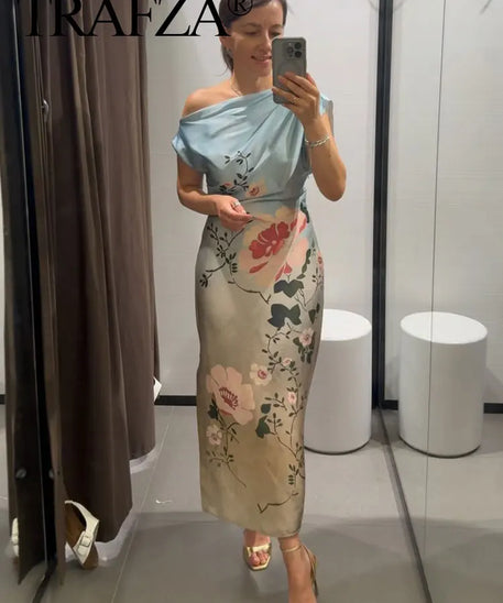 TRAFZA Summer Female New Flower Print Off-Shoulder Sleeveless Midi Dress Women Split Hem Side Zipper Asymmetrical Dress Mujer