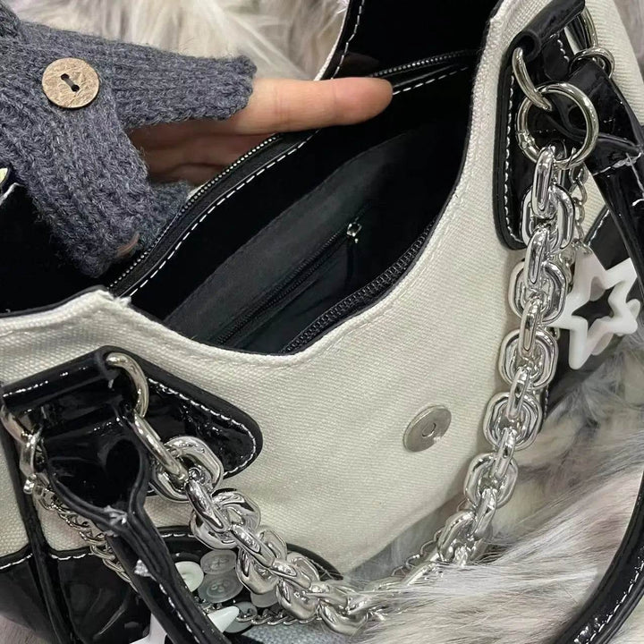 Women Bag New Fashion PU Canvas Chains Shoulder Bag Handbag Y2K Dark Style Girls Bag Office Lady - MHMote