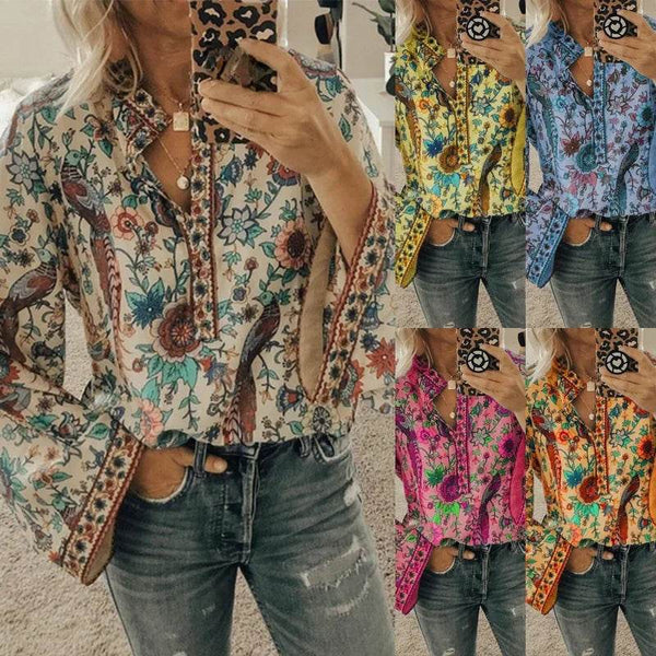 Autumn Trendy Print Loose Long Sleeve Shirt Button Closure Street Style Polyester Fabric Women Sizes Available - MHMote