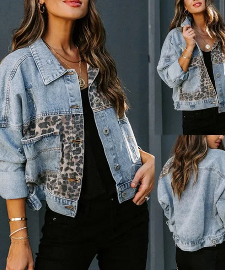 Long Sleeve Women's Denim Jacket Leopard Print Patchwork Outerwear Casual Loose Fit Fashionable And Stylish