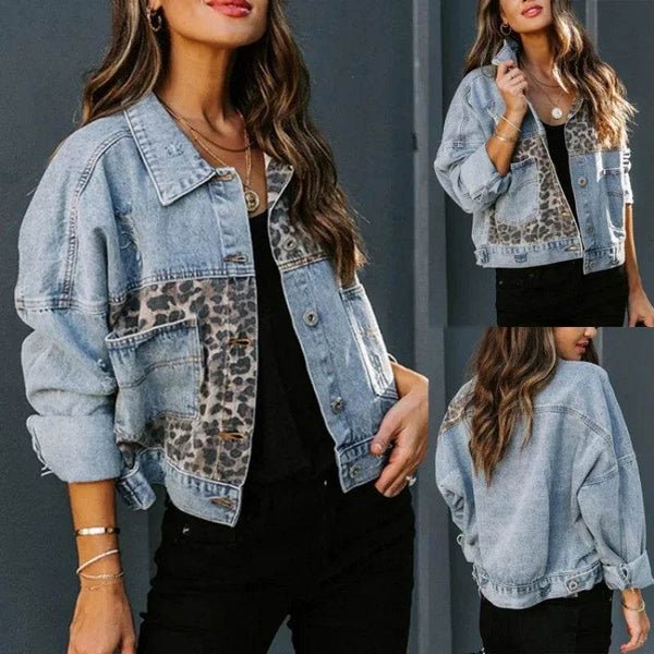 Long Sleeve Women's Denim Jacket Leopard Print Patchwork Outerwear Casual Loose Fit Fashionable And Stylish - MHMote