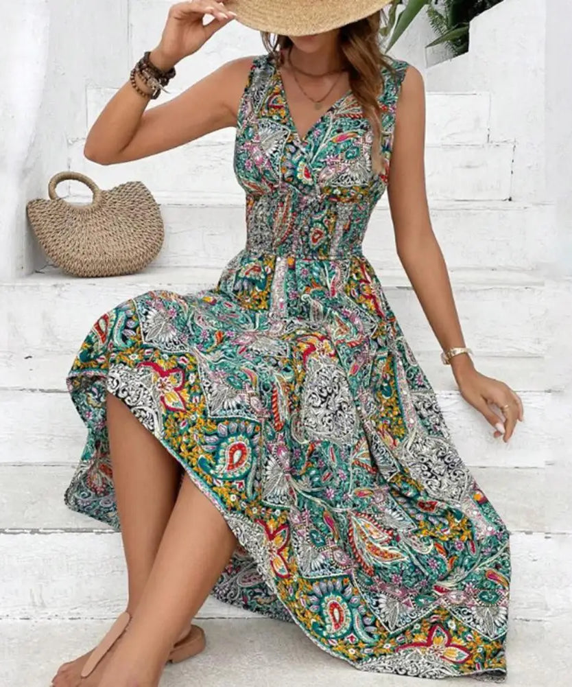 Kvinner Bohemian Dress V-hals Ermeløs Off Shoulder Sommer Strandkjole Fargerikt trykk Midi-lengde Ferie Midi-kjole