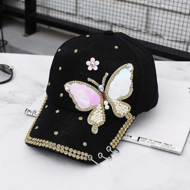 Paljett baseballcaps for kvinner Sommerfugl Kpop skinnende toppede capser sommer netting Justerbar utendørs reise solkrem solhatt kvinne