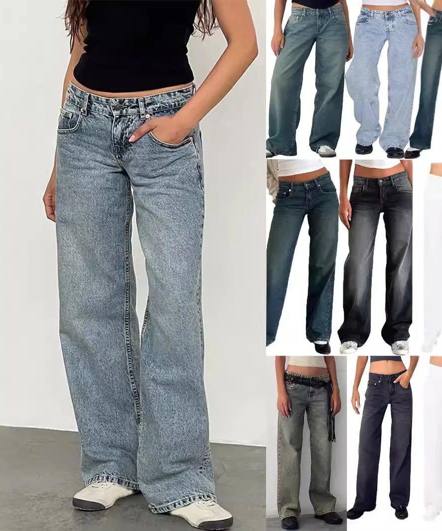 Jeans Women Denim Wide Leg Pant Floor Length Pants Splice Loose Casual Pockets High Waist Straight Trousers Autumn Winter