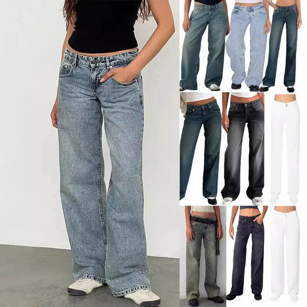 Jeans Women Denim Wide Leg Pant Floor Length Pants Splice Loose Casual Pockets High Waist Straight Trousers Autumn Winter - MHMote