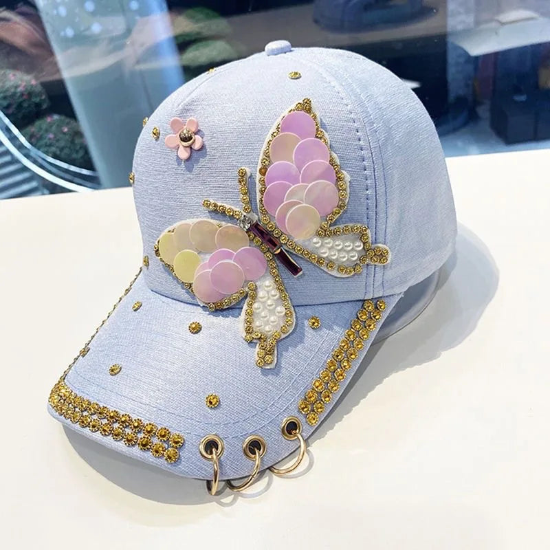 Paljett baseballcaps for kvinner Sommerfugl Kpop skinnende toppede capser sommer netting Justerbar utendørs reise solkrem solhatt kvinne