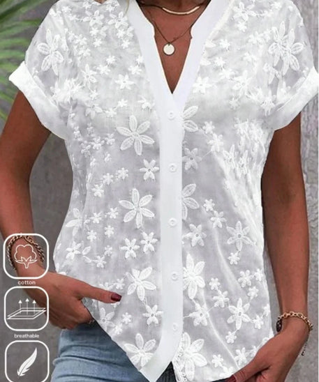 Cropped Shirt White Lace Blouse Eyelet Cut Embroidery Top Wear Hollow Out Women's Summer Clothing