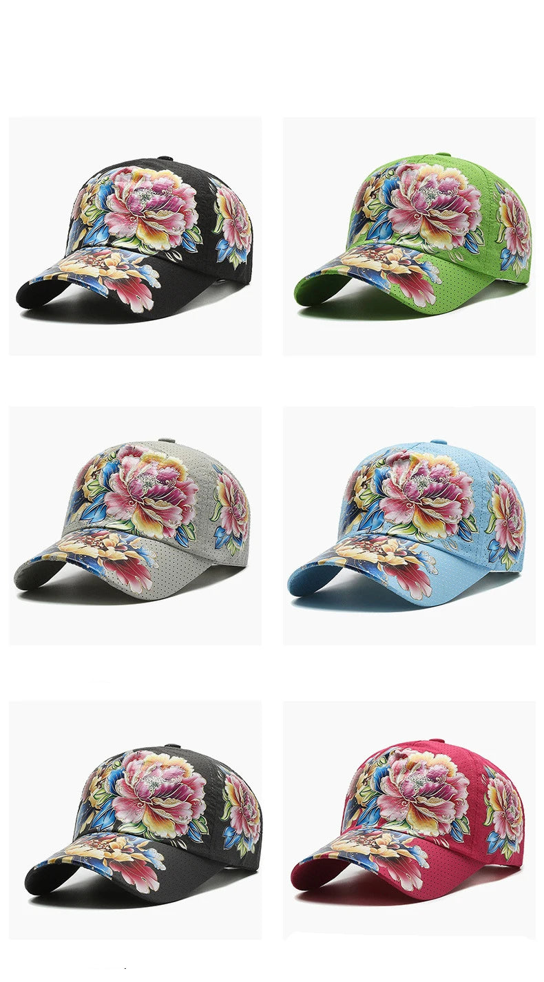 Sommer Quick Dry Baseball Caps for menn og kvinner Blomstersolhatter trykt kinesisk stil Blomstersolhatter Utendørshatter