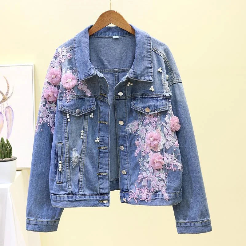 Ny broderi denim kort jakke Kvinner Vår Høst Applikasjon Diamanthull Kåpe Løse Overdeler Student Jean Yttertøy Jakker