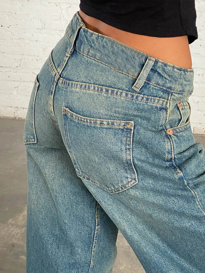 Jeans Women Denim Wide Leg Pant Floor Length Pants Splice Loose Casual Pockets High Waist Straight Trousers Autumn Winter - MHMote
