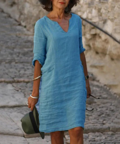 Vintage Solid Mini Dress Women Fashion Summer V-neck Three Quater Sleeve Cotton Linen Party Dresses Ladies Casual Femme Vestidos