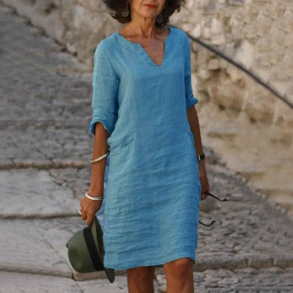 Vintage Solid Mini Dress Women Fashion Summer V-neck Three Quater Sleeve Cotton Linen Party Dresses Ladies Casual Femme Vestidos - MHMote