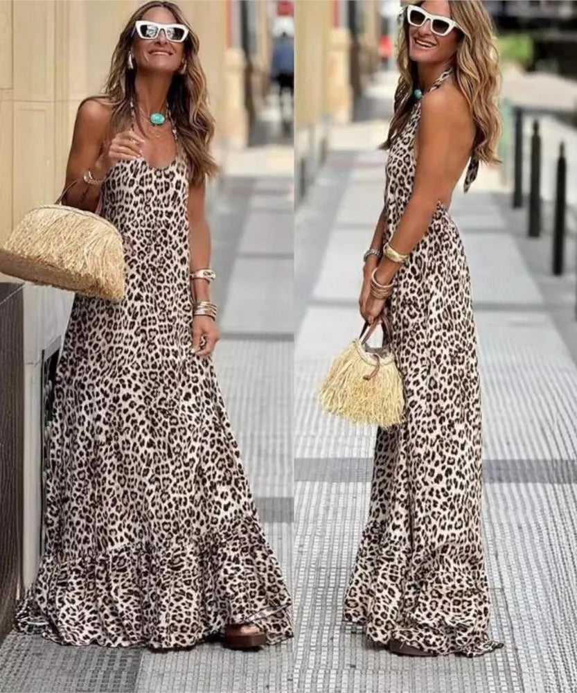 Fashionable Sleeveless Ruffle Splicing Large Swing Long Dress 2024 Leopard Print Halter Backless Sexy Suspender Maxi Dress Femme