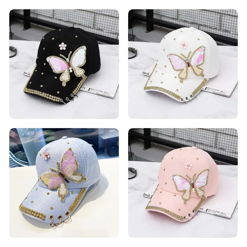 Paljett baseballcaps for kvinner Sommerfugl Kpop skinnende toppede capser sommer netting Justerbar utendørs reise solkrem solhatt kvinne