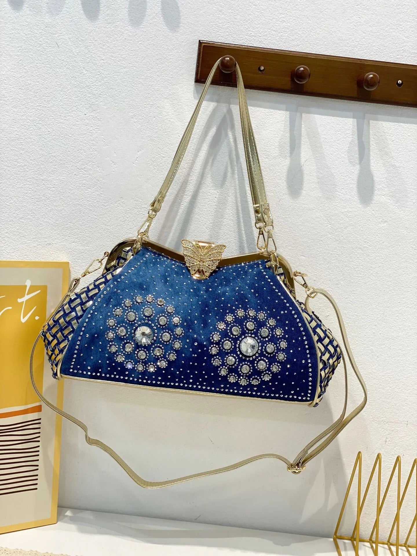 Diamond Denim Damevesker og vesker med skinnende rhinestone jeans Crossbody-veske Skulderveske Evening Party Bag