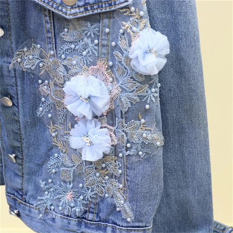 Ny broderi denim kort jakke Kvinner Vår Høst Applikasjon Diamanthull Kåpe Løse Overdeler Student Jean Yttertøy Jakker