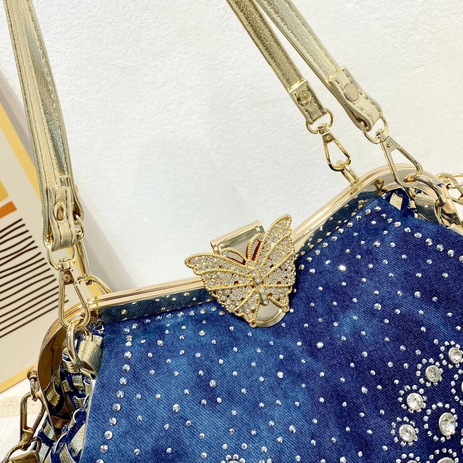 Diamond Denim Damevesker og vesker med skinnende rhinestone jeans Crossbody-veske Skulderveske Evening Party Bag