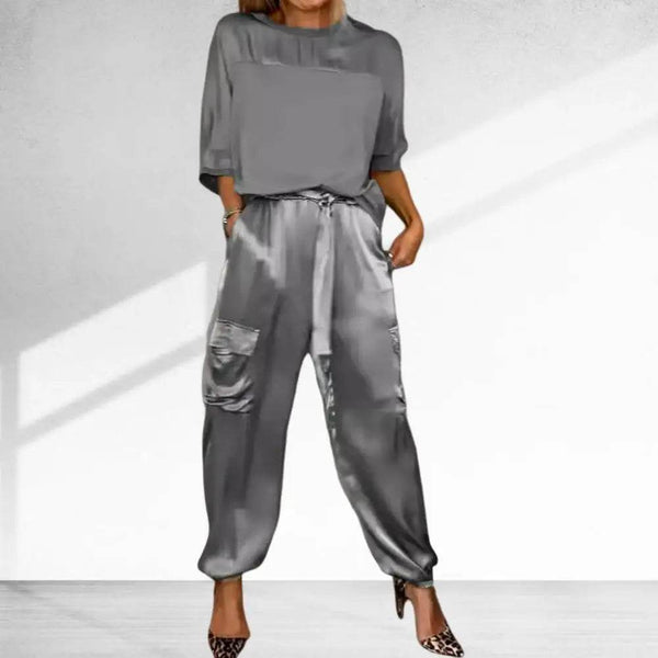 2 Pcs/Set Women Top Pants Set O Neck Satin Three Quarter Sleeves Loose Blouse Trousers Set Lace-up Waist Soft Casual Solid Color - MHMote