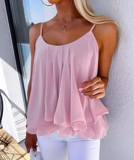 Women Fashion New Vest Casual Scoop Neck Sweet Style Spaghetti Strap Blouses Ladies 2023 Summer Ruffle Hem Flowy Cami Top Female