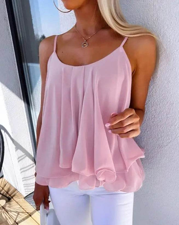 Women Fashion New Vest Casual Scoop Neck Sweet Style Spaghetti Strap Blouses Ladies 2023 Summer Ruffle Hem Flowy Cami Top Female - MHMote