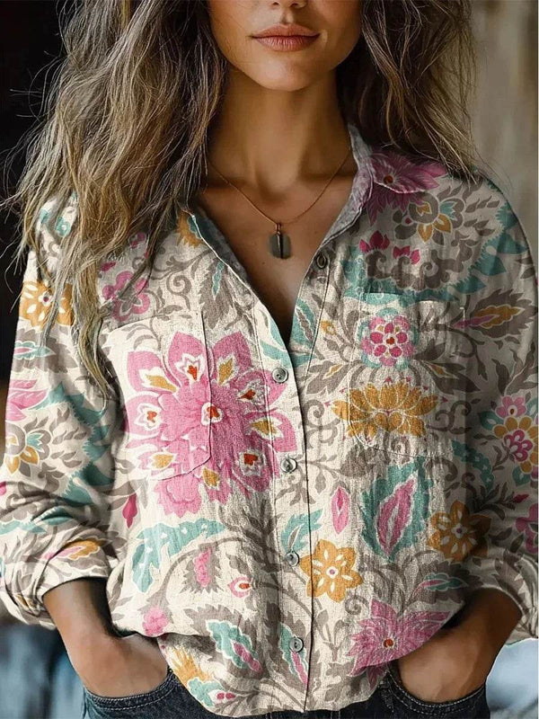 2025 Spring And Autumn New Bohemian Style Women's Casual Shirt Fashion Floral Print Lapel Long Sleeve Loose And Versatile Top - MHMote