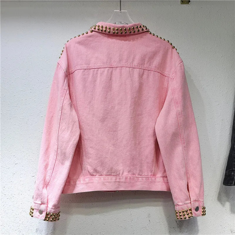 Kvinner Regnbuediamanter Perlerrosa denimfrakk Løs Rhinestones Jeans Jakke Langermet Crystal Cowboy Cardigan Nagler Topper
