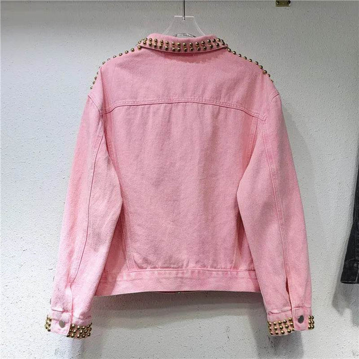 Women Rainbow Diamonds Beaded Pink Denim Coat Loose Rhinestones Jeans Jacket Long Sleeve Crystal Cowboy Cardigan Rivets Tops - MHMote