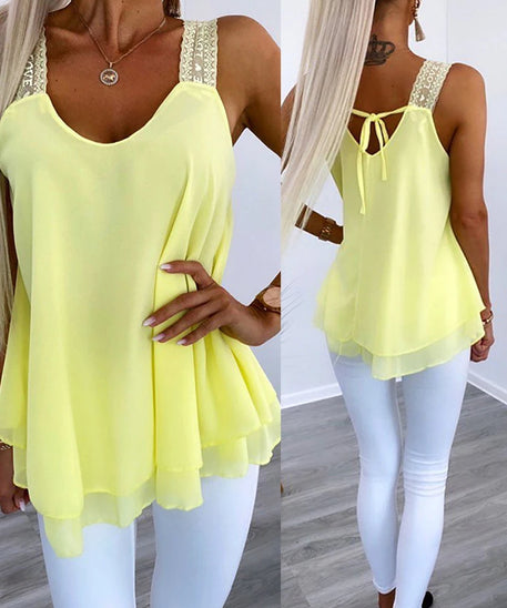 Love Heart Pattern Contrast Lace Layered Chiffon Tank Top